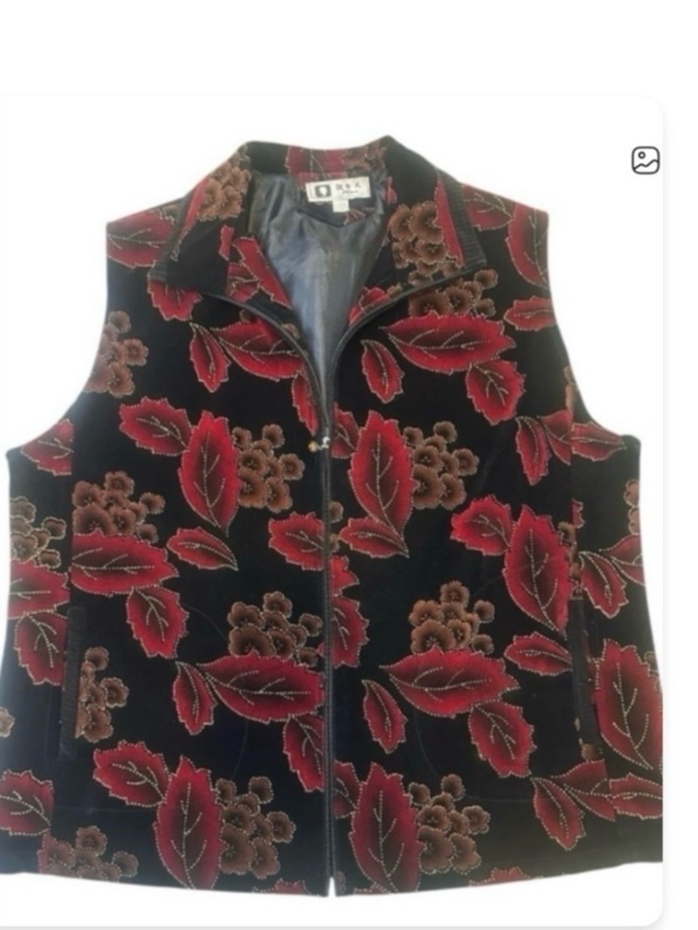 Black Velvet Floral Vest - Mandarin Collar - Red & Gold Embroidery - Size XXXL